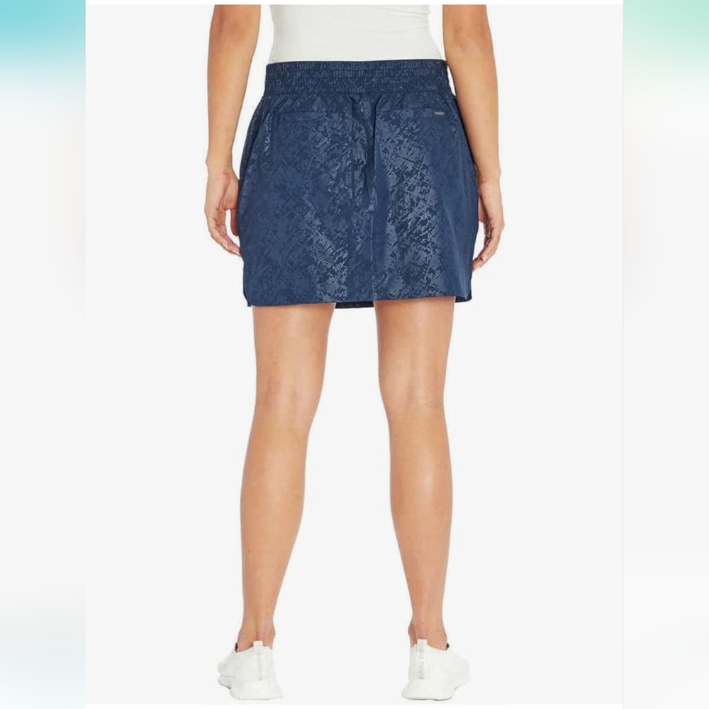 Orvis Travel Skort Blue Embossed Print Pull On Built In Short Zip Pockets Size L - Picture 4 of 13